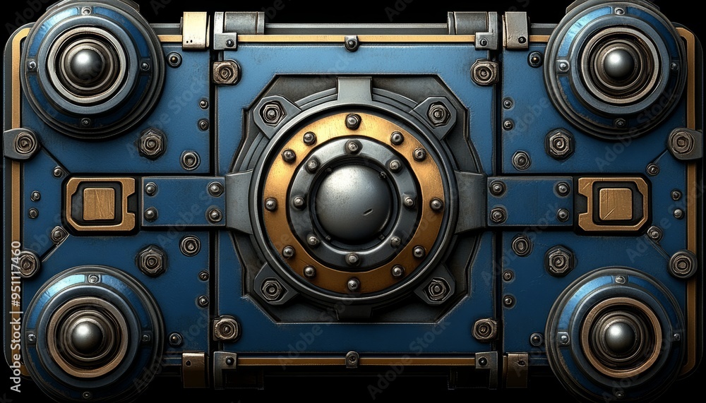 Steampunk-Inspired Metal Panel with Circular and Square Components Steampunk-Inspired Metal Panel with Circular and Square Components