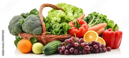 Fresh fruits and vegetables in a wicker basket on a white background.