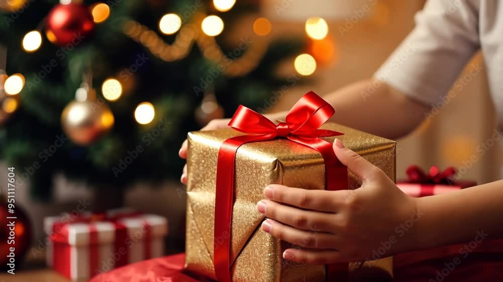 Child joyfully opens a beautifully wrapped gift under the Christmas tree in a cozy living room setting