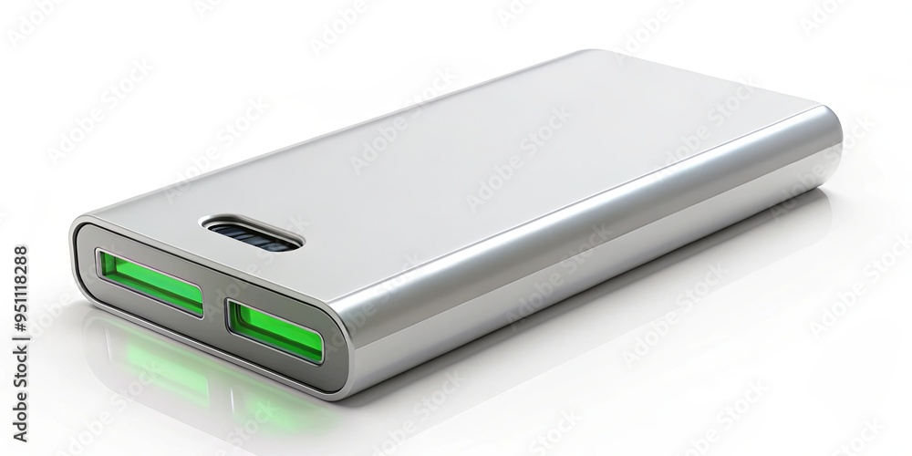 Sleek modern power bank with bright illuminated display showing fully charged 100 battery level for charging devices on the go Sleek modern power bank with bright illuminated display showing fully charged 100 battery level for charging devices on the go