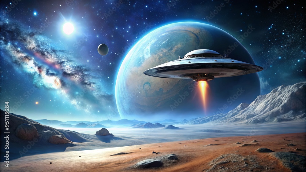 Spaceship landing on alien planet with large moon in sky symbolizing exploration and discovery in space Spaceship landing on alien planet with large moon in sky symbolizing exploration and discovery in space