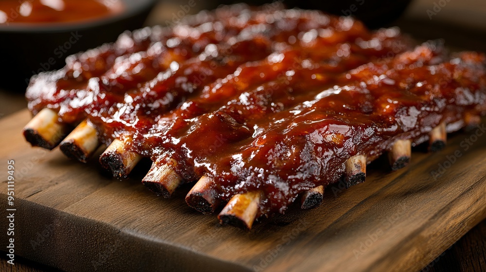 Closeup of barbecued pork ribs glazed with sauce on a wooden cutting board. Closeup of barbecued pork ribs glazed with sauce on a wooden cutting board.