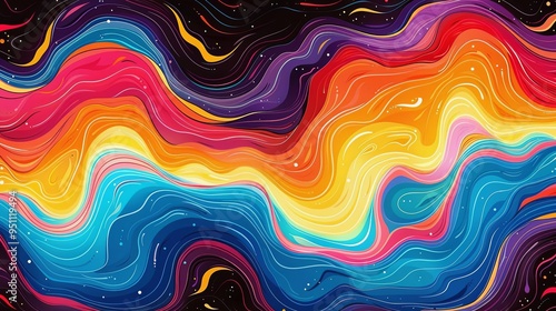 Abstract groovy hippie 70s background. Waves colorful vintage swirl, twirl ,psychedelic, striped pattern illustration design for wallpaper, web, banner and print