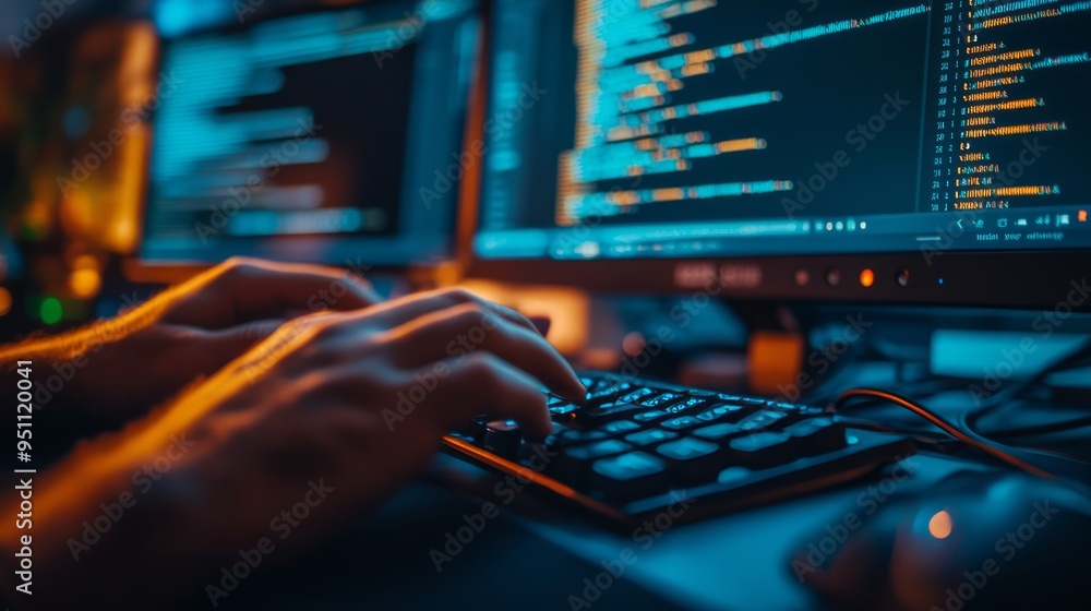 Closeup of hands typing on keyboard in front of computer screens with code visible. Closeup of hands typing on keyboard in front of computer screens with code visible.