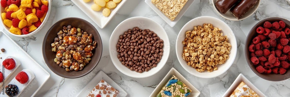 Aerial perspective of a dining table showcasing a summer-themed arrangement of various sweets, including puff snacks, granola protein bars, and truffles. Aerial perspective of a dining table showcasing a summer-themed arrangement of various sweets, including puff snacks, granola protein bars, and truffles.