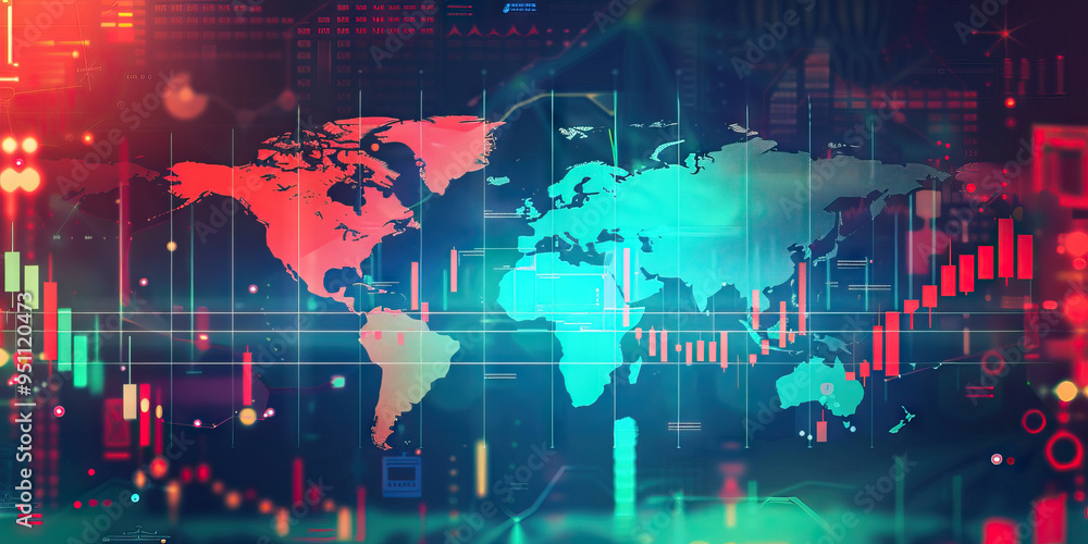 An abstract background depicting the world map with varying levels of business activity, incorporating shades of red, blue, and green. An abstract background depicting the world map with varying levels of business activity, incorporating shades of red, blue, and green.