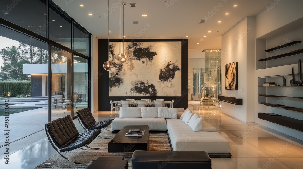 Contemporary living room with large windows overlooking a swimming pool, a sectional sofa, black leather chairs, and a large abstract painting. Contemporary living room with large windows overlooking a swimming pool, a sectional sofa, black leather chairs, and a large abstract painting.