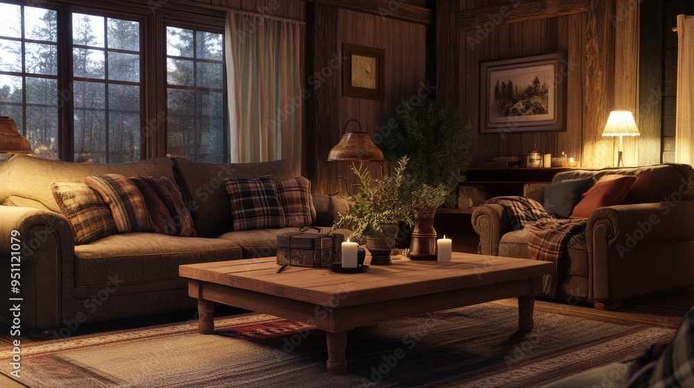 Cozy cabin living room with wood-burning fireplace, couch, armchair, coffee table, and candles. Cozy cabin living room with wood-burning fireplace, couch, armchair, coffee table, and candles.