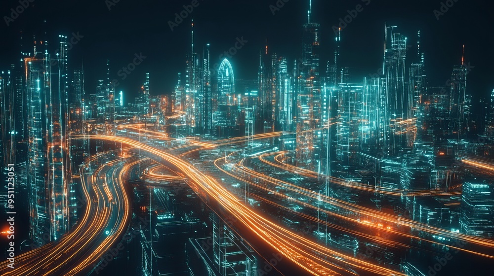 Futuristic city skyline with glowing lines and traffic. Futuristic city skyline with glowing lines and traffic.