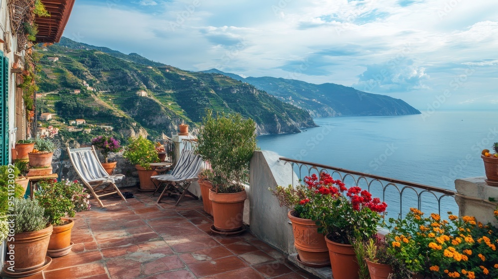 Fototapeta premium Beautiful terrace overlooking the sea. Ligurian coast, Italy