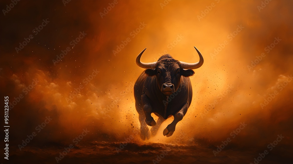 Bull in mid-charge through swirling dust, oil painting, vivid colors, expressive brushwork, capturing raw power, traditional style. Bull in mid-charge through swirling dust, oil painting, vivid colors, expressive brushwork, capturing raw power, traditional style.
