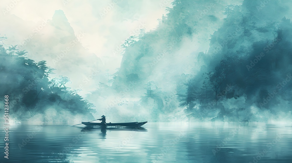 Fototapeta premium A lone fisherman in a small boat amidst swirling morning mist, the watercolor painting style emphasizing the ethereal and peaceful setting