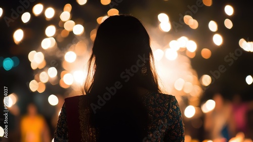 Silhouetted Figure in Front of Twinkling Lights