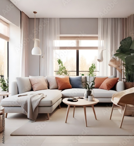 Interior design of modern scandinavian apartment, living room 3d rendering Generative AI