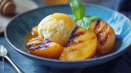 Grilled peach slices with vanilla ice cream and honey sauce.