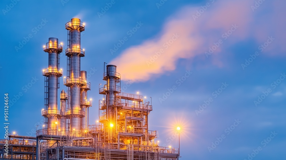 Nighttime oil refinery glowing with industrial lights and emitting steam, oil refinery, high-tech and continuous operation. Nighttime oil refinery glowing with industrial lights and emitting steam, oil refinery, high-tech and continuous operation.