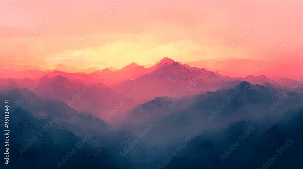 Fototapeta premium Majestic mountains glowing in sunset hues, impressionistic oil painting style, thick and bold strokes, warm pink and orange tones, hand-painted texture.