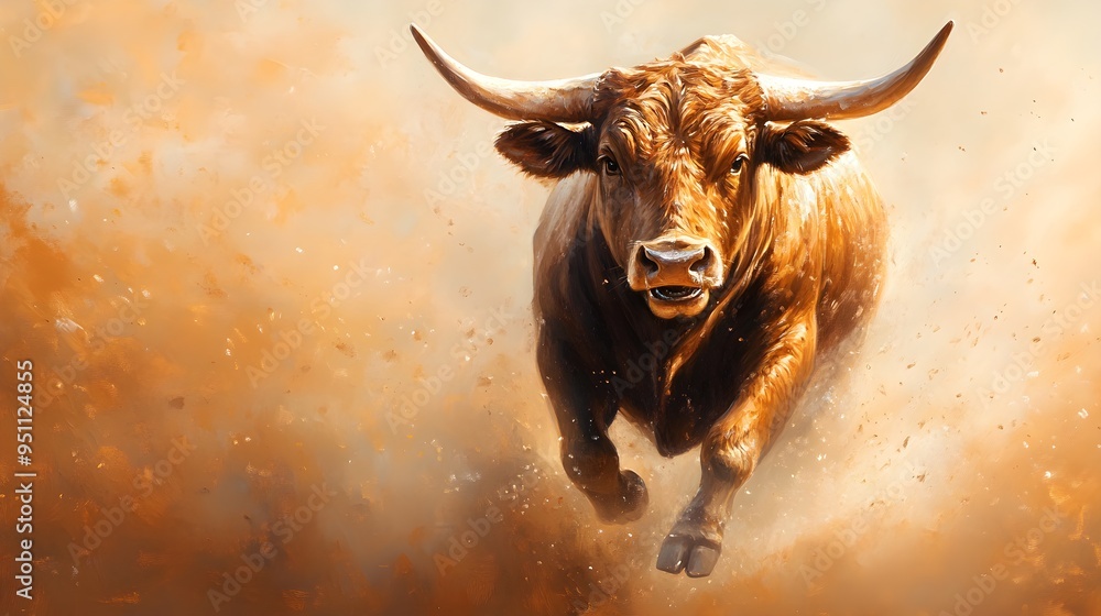 Naklejka premium Bull charging with fierce determination, oil painting, realistic texture, strong contrast, detailed musculature, hand-painted strokes.
