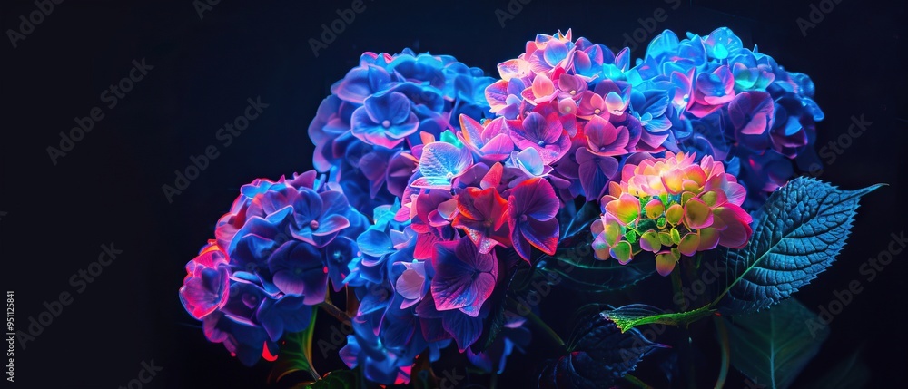 Obraz premium Vibrant Neon Hydrangeas in Dark Night