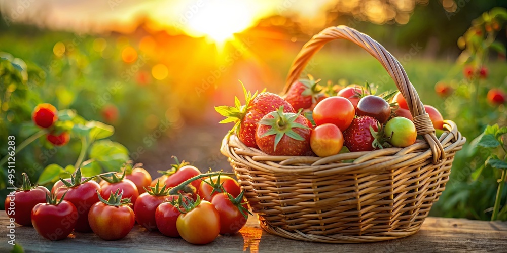 A vibrant image of a basket filled with ripe tomatoes and strawberries under the setting sun A vibrant image of a basket filled with ripe tomatoes and strawberries under the setting sun