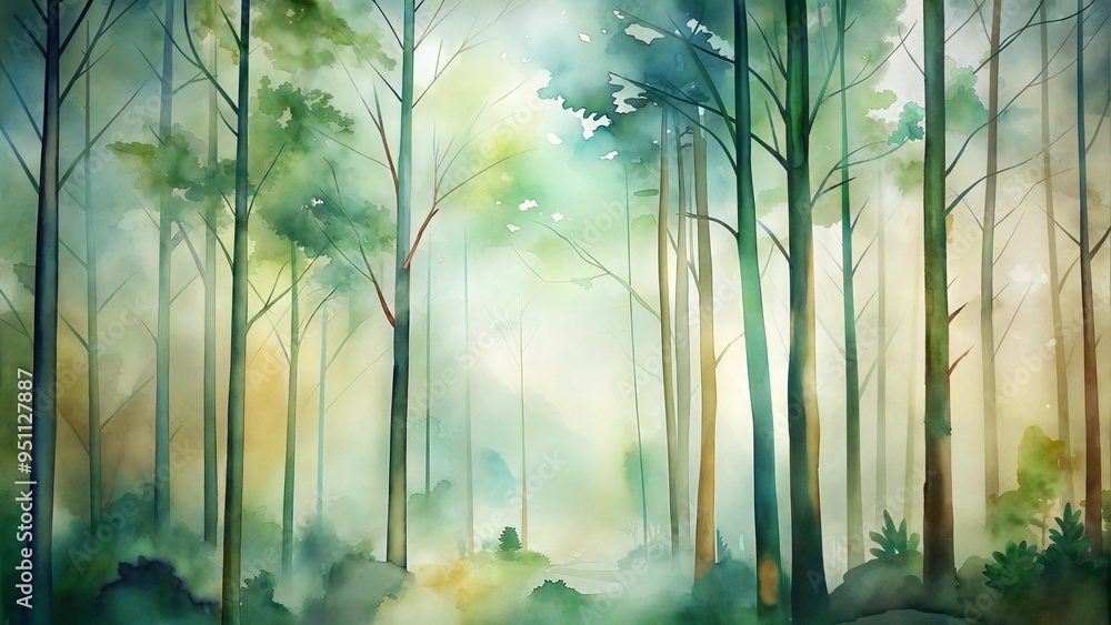 Obraz premium Watercolor forest landscape with soft trees and hazy atmosphere