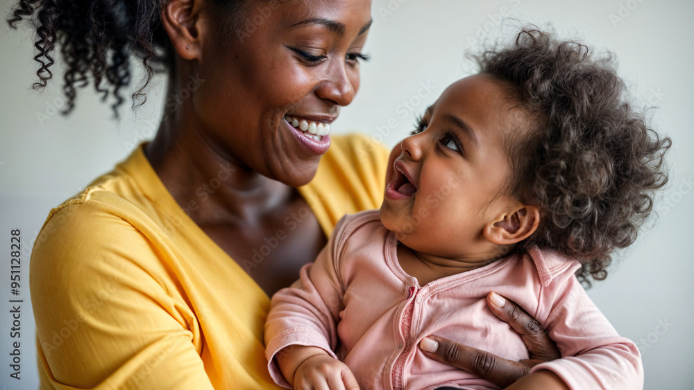 A joyful moment between an african american mother and her baby, as the mother smiles broadly while the baby laughs and cries with happiness A joyful moment between an african american mother and her baby, as the mother smiles broadly while the baby laughs and cries with happiness