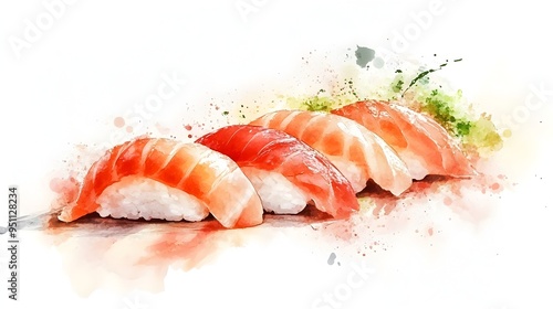 Contour Sketch of Elegant Sushi Nigiri with Soft Watercolor Highlights