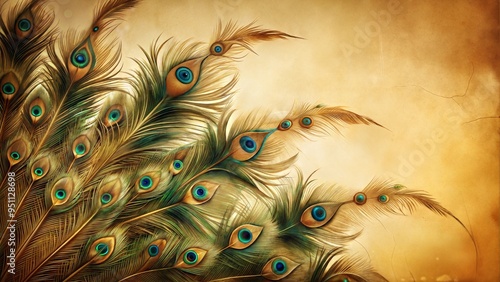 Artistic vintage illustration of peacock feathers with rich colors and textures photo