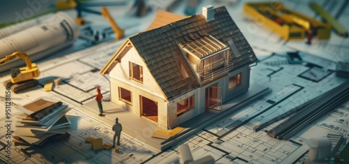 Construction Model House on Blueprint