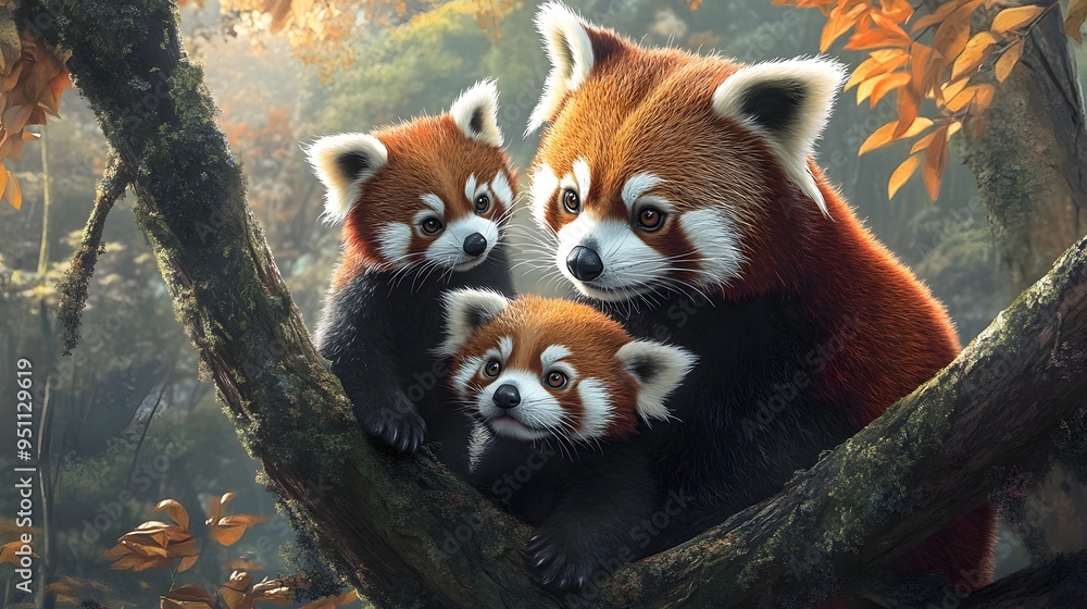 Fototapeta premium Red Panda Mother and Curious Cubs in Treetop Habitat Preservation