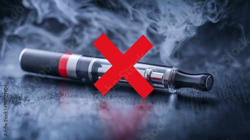 A graphic of an e-cigarette with a bold red cross through it, indicating a no-smoking zone photo