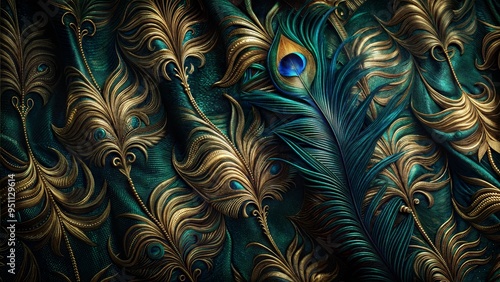 Luxurious peacock feather texture against a rich dark background with golden accents © Lexi