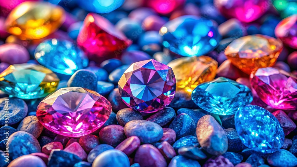 Colorful diamonds on top of blue and pink stones creating a vibrant and luxurious display Colorful diamonds on top of blue and pink stones creating a vibrant and luxurious display