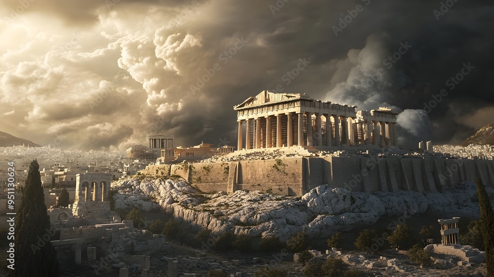 Naklejka premium Acropolis of Athens in Ruins Under Ominous Cloudy Sky