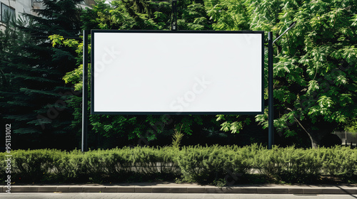 A large white billboard is in front of a green bush. The billboard is empty and has no writing on it