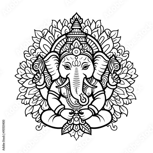 Henna tattoo style vector illustration of Indian God Ganesha, mandala design, symmetrical pattern on white background. photo