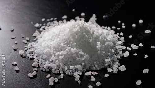 Sea salt scattered on a dark surface, creating a striking contrast between the white grains and the deep background.