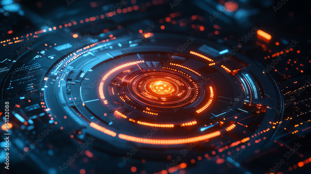 Futuristic digital interface with glowing circles and lines, showcasing technology and innovation in a vibrant, abstract design. Futuristic digital interface with glowing circles and lines, showcasing technology and innovation in a vibrant, abstract design.