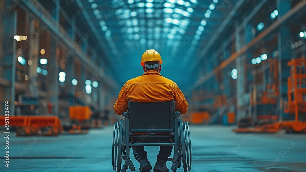Inside a big, roomy plant, a wheelchair-ridden industrial worker wearing a hard hat conducts a production check. Inside a big, roomy plant, a wheelchair-ridden industrial worker wearing a hard hat conducts a production check.