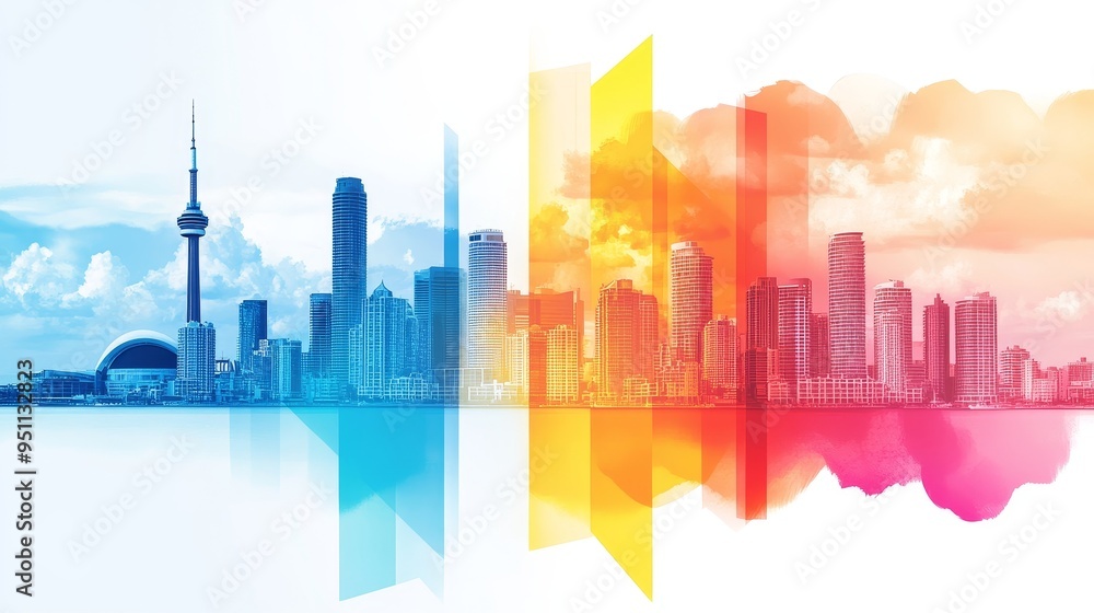 City skyline blended with bright, abstract doodles, creating a vibrant double exposure effect that combines urban life with artistic expression City skyline blended with bright, abstract doodles, creating a vibrant double exposure effect that combines urban life with artistic expression
