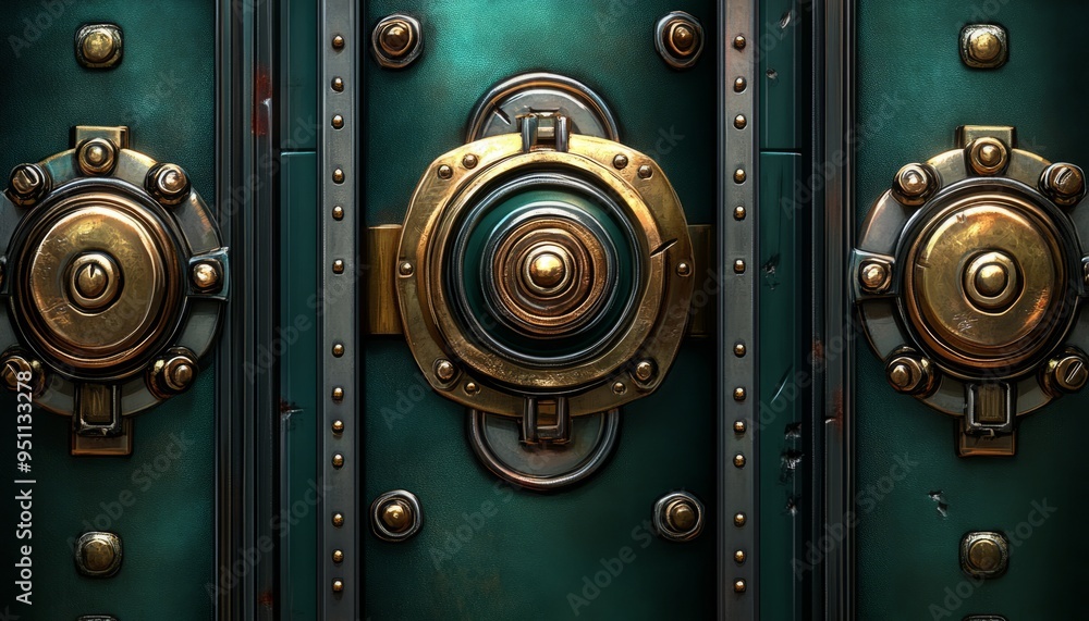 Ornate Metal Door with Gold Accents and Circular Detail Ornate Metal Door with Gold Accents and Circular Detail