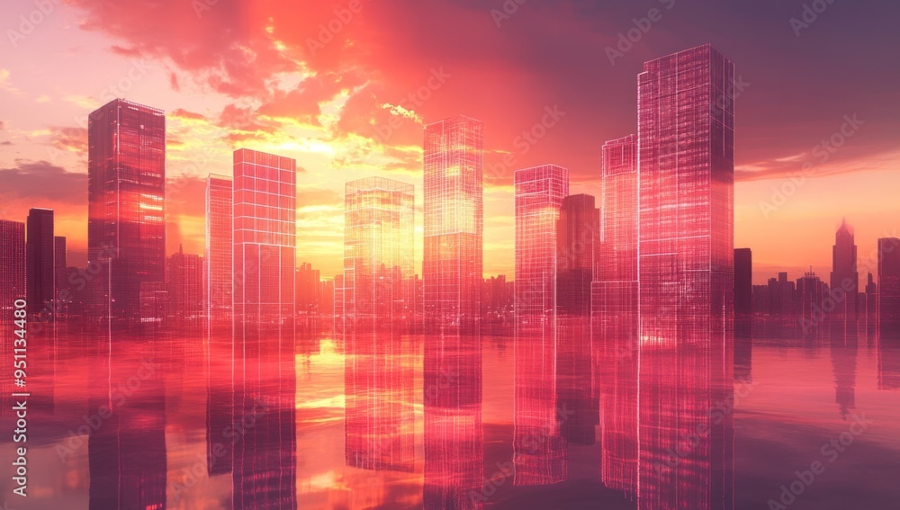 3D rendering of digital construction in the background, red and orange gradient sky with clouds 3D rendering of digital construction in the background, red and orange gradient sky with clouds