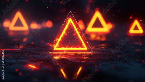 3D rendering of multiple triangular neon lights shining on the ground