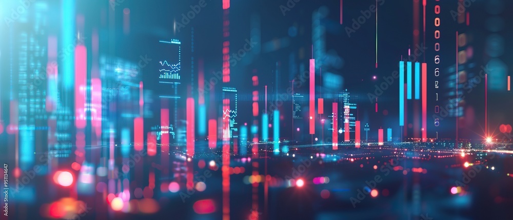Abstract Cityscape with Digital Overlays and Bokeh Lights Abstract Cityscape with Digital Overlays and Bokeh Lights