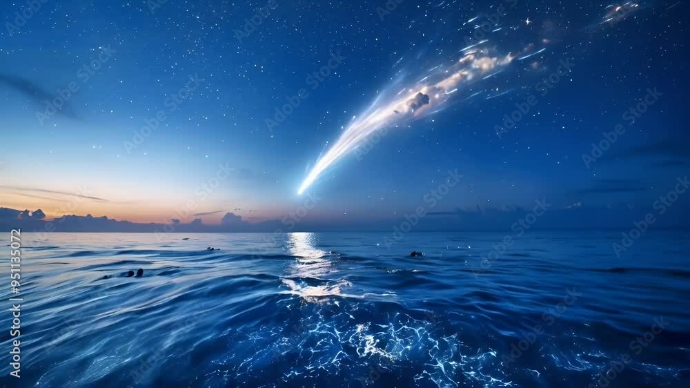 A serene ocean scene illuminated by a comet against a starry sky at twilight. A serene ocean scene illuminated by a comet against a starry sky at twilight.
