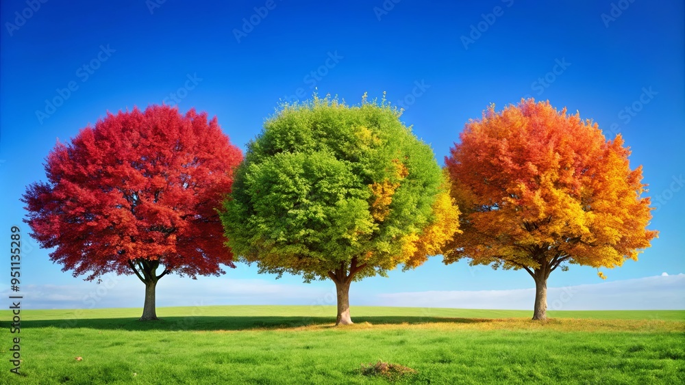 Vibrant stock photo of three trees painted in green, yellow, and red with various amounts of leaves