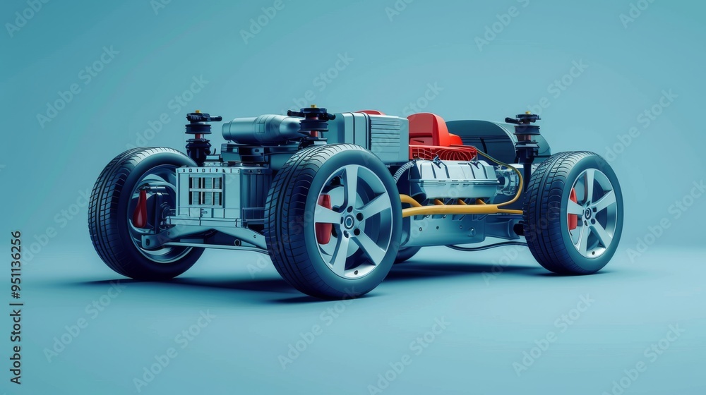 Cartoon vector representation of an EV motor and powertrain, demonstrating the efficiency of electric vehicles Cartoon vector representation of an EV motor and powertrain, demonstrating the efficiency of electric vehicles