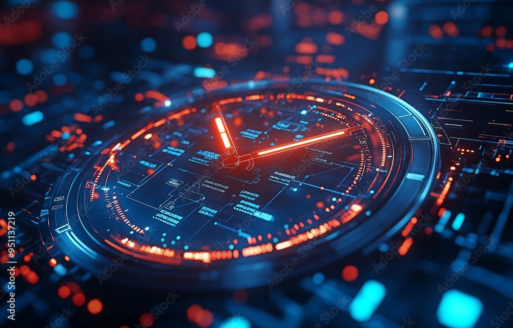 Future-looking timepiece visage with digital data all around it is counting down. Future-looking timepiece visage with digital data all around it is counting down.