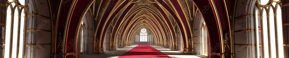 Obraz premium An ornate gothic archway, its rich maroon and gold detailing, framing a vibrant red carpet leading to the altar.