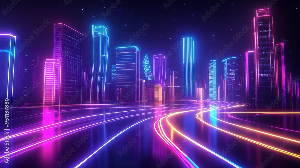 Neon city skyline with glowing roads and stars. Neon city skyline with glowing roads and stars.